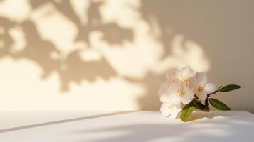 A white flower on a table in front of a wall photo