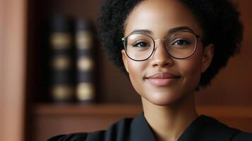 A young woman in glasses and a judge's robe photo