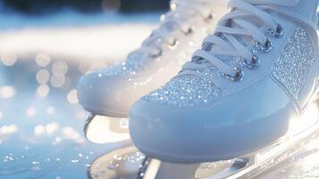 Close-up of figure skates on an ice rink photo
