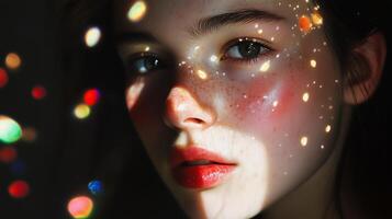 A woman with freckles and a red lipstick photo