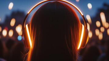 A woman wearing headphones in front of a crowd photo