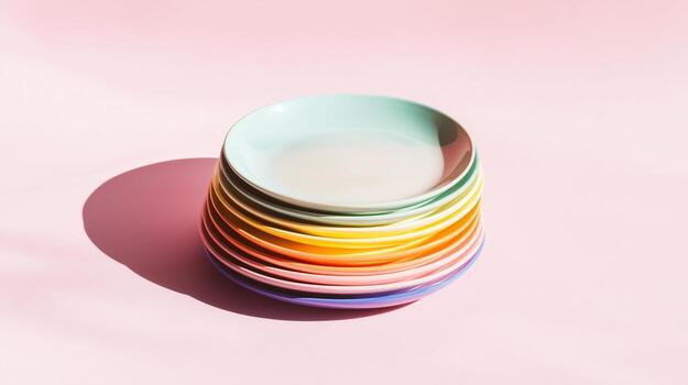 A stack of colorful plates on a pink background. photo