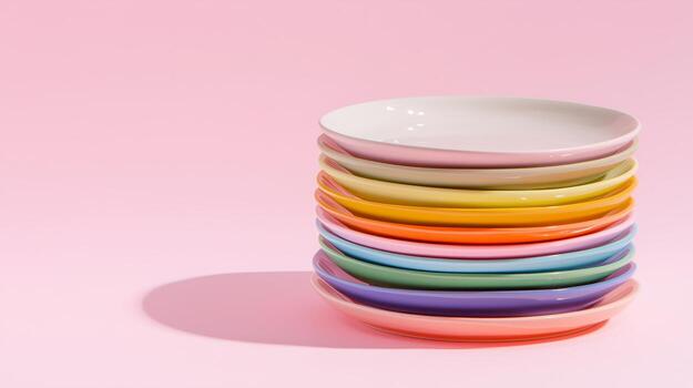 Stack of colorful plates on a pink background photo
