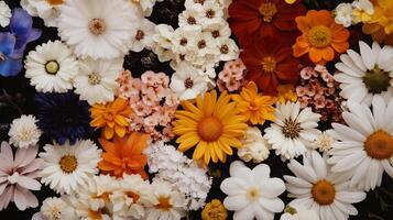 A large variety of flowers are arranged in a circle photo
