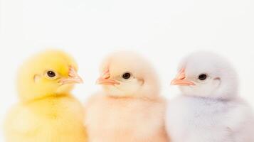 Three fluffy, colorful chicks standing together photo