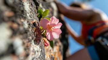 A woman climbing on a rock with a pink flower photo
