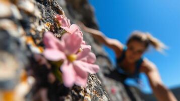 A woman climbing on a rock with pink flowers photo