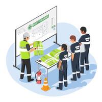 Industrial safety instructor demonstrating high visibility vests to factory workers during a safety training session with equipment and emergency procedures cartoon vector