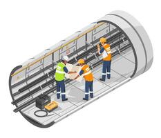 Team of electrical engineers conducting underground tunnel maintenance and inspection of high-voltage power cables using blueprint and technical tools for infrastructure safety vector