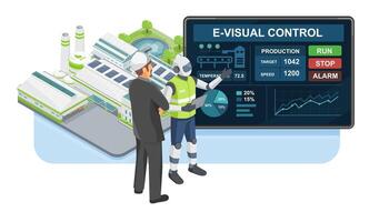 Futuristic robot engineer discussing production data with factory manager using smart control panel in eco-friendly industrial plant cartoon vector