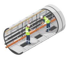 Engineers inspecting and installing high-voltage electrical conduits inside a modern utility tunnel for infrastructure development and power distribution isometric cartoon vector