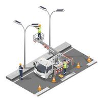 Technicians installing and maintaining solar-powered street lights on a city road using a hydraulic lift truck for safe elevated access isometric isolated vector