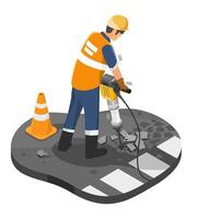 Construction worker using electric jackhammer to break asphalt pavement during road maintenance operation in safety gear with traffic cone isometric vector