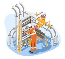 Petroleum engineer operating electrical control panel to monitor gas pipeline system for optimal performance and safety in energy industry facility cartoon vector