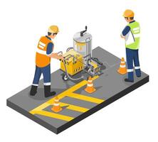 Construction workers operating a traffic line marking machine to paint yellow road stripes during street maintenance while ensuring safety with cones and supervision isometric cartoon vector