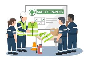 Industrial workers attending safety training session with instructor demonstrating high visibility vest and emergency equipment in classroom setting cartoon vector