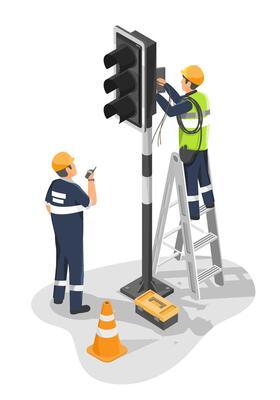 Technicians repairing traffic light wiring system on a ladder with tools and safety equipment during urban signal maintenance work isometric