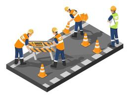 Construction workers setting up safety cones and signage on a city road during maintenance to ensure traffic safety and secure work environment isometric cartoon vector