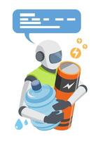 AI robot managing essential resources in a data center environment, holding battery and water container to represent energy consumption and cooling system needs for efficient performance vector
