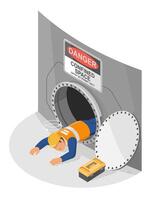 Industrial safety failure scenario showing unconscious worker collapsing at confined space entrance due to lack of proper ventilation and permit control isometric cartoon vector