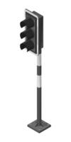 Isometric traffic light pole with three signal lamps standing on a black and white striped base for urban street control system vector