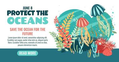 World Oceans Day Horizontal Banner Featuring Jellyfish and Seaweed in Flat Design Style for Marine Biodiversity Awareness. Perfect for Ocean Conservation Campaigns, Websites, Apps and Print Materials vector