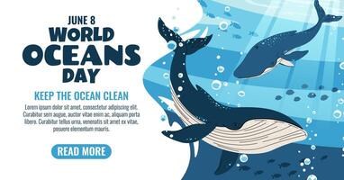 World Oceans Day Horizontal Banner Featuring a Gentle Whale Swimming Among Coral Reefs. Join the Movement to Protect Our Oceans. Marine Conservation Design Ideal for Websites, Social Media and Print. vector