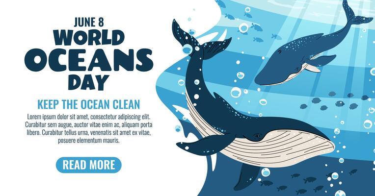 World Oceans Day Horizontal Banner Featuring a Gentle Whale Swimming Among Coral Reefs. Join the Movement to Protect Our Oceans. Marine Conservation Design Ideal for Websites, Social Media and Print.
