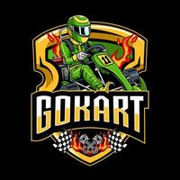 Go Kart with green color and a man driver from side view gold emblem cartoon illustration for poster, t-shirt print, business element, social media content, blog, sticker, vlog, and card vector