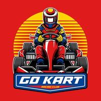 Red color Go Kart with a man driver emblem and Sunset front view cartoon illustration vector
