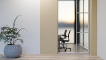 A modern office corridor with an empty wall, and a window looking into a meeting room. photo
