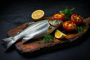 A fish on a cutting board with tomatoes and lemons photo