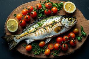 A fish with tomatoes and herbs on a cutting board photo