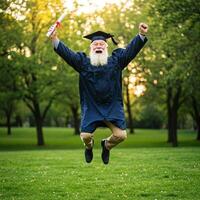 A man with a beard and a graduation cap is jumping in the air photo