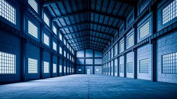 An empty warehouse with blue lights photo