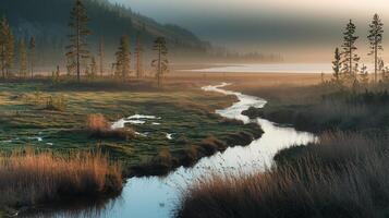 A river runs through a grassy field with trees and mountains in the background photo