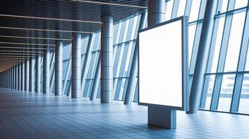 An empty hallway with a large billboard photo