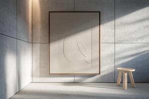 A large abstract painting hangs on the wall in a room photo