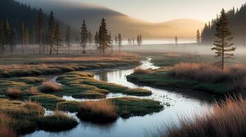 A river runs through a field with trees and grass photo
