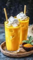 Refreshing dirty soda twist with sparkling turmeric and whipped cream toppings photo