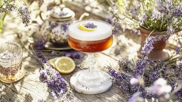 Elegant earl grey tea cocktail with lavender and lemon garnish for sophisticated gatherings photo