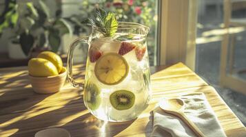 Refreshing sparkling lemonade with citrus and berries on wooden table photo
