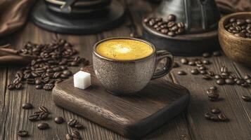 Classic espresso shot in rustic setting with coffee beans and sugar cube photo