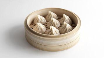Steamed Dumplings in Bamboo Basket on White Background photo