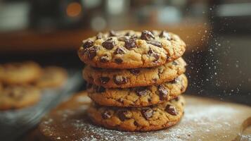 Stack of Chocolate Chip Cookies Sprinkled with Powdered Sugar photo