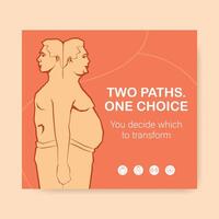 conceptual body transformation, physical change illustrated with two paths of health and obesity vector