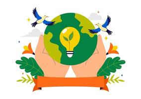 Flat of Global Ecology Preservation with Tree, Earth Map, and Nature Symbols vector
