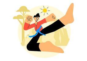 Athlete Performing Dynamic High Kick in Karate Practice Design vector