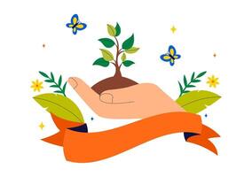 Environmental Awareness Illustration with Trees and Global Earth Map in Flat Style vector