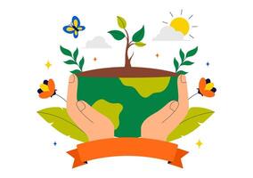 Eco-Friendly World Map and Nature Tree Design for World Conservation Day in Cartoon Background vector